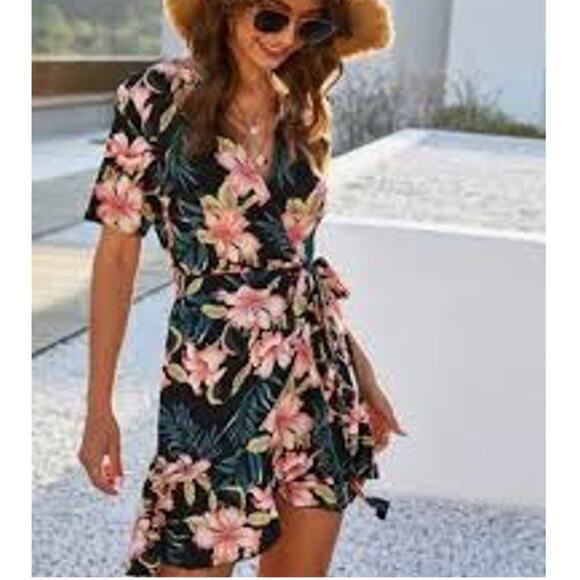 NWT Deep Plunge V Neck Tropical Wrap Ruffle Short Sleeve Mini Dress Sz XL - Picture 1 of 12